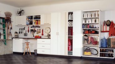 Black Flooring Unit Color Idea Applied on Garage Workbench Design Equipped with White Interior Design Ideas Plan Unit