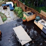 Black Wooden Deck Design Ideas Applied on Pottery Barn Outdoor Furntiure Finished with Green View Finished Black Chairs