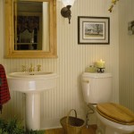 Classic Powder Room Design Idea Applied in Elongated Toilet Seat Covers Finished with Wooden Flooring Unit Design Plan