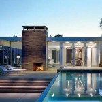 Contemporary House Exterior Design Idea Applied in House Plan with Pools Design Finished with Small Fireplace Design Ideas Plan