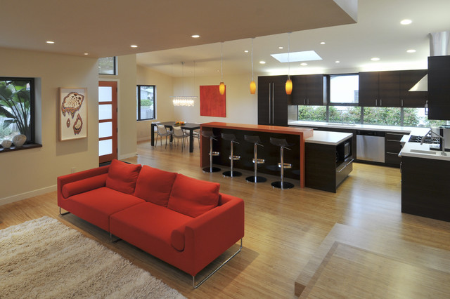 Contemporary House Living Room Interior design Equipped with Red Sofa Set Design Ideas Plan with Wooden Flooring  Unit