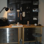 Dark Colored Cabinet Design Ideas Equipped with Garage Workbench Design Finished with Grey Stool Design Plan