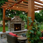 Elegant Outdoor Fireplace design Ideas Equipped with Pottery Barn Outdoor Furntiure FInished with Wooden Pergola Design Plan