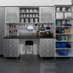 Modern Garage Workbench Design Equipped wiht Black Desktop and Wooden Chair Design Ideas Plan Unit