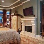 Modern Master Bedroom Interior Design Idea Equipped with Fireplace Mantel Design and Brown Curtain Ideas Plan