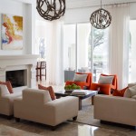 Orange Chair Design Idea Applied in Fireplace Mantel Design Finished with White Cushion Design Idea in Best Plan