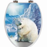 Polar Bear 3D Image on Elongated Toilet Seat Covers Finished in Simple Design and Blue and White Color Ideas Plan