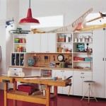 Red Floor Design Ideas Applied on Garage Space Equipped with Best Garage Workbench Design Finished with White Color