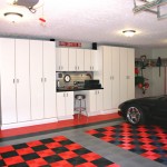 Red and Black Color Design Ideas Equipped with Garage Workbench Design Finished with White Cabinet Design Plan