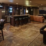 Small Home Bar Design ideas Applied in Basment Finished with Painting Basement Floor Ideas with Black Stools Idea