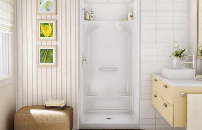 Small One Piece Shower Units Finished in White Color Equipped with Floral Decorating ideas in Modern Design Plan Unit