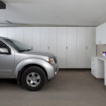 Spacious Garage Space Equipped with White Colored Garage Storage Cabinets Design with Grey Flooring Unit Ideas