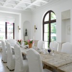 White Color Dominant Applied in Ructic Dining Table Set Made from Wooden Material in Bright DIning Room Space