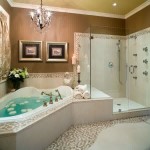Alluring Chandelier above Bathroom Corner Bath Ideas in Modern Bathroom with Glass Shower Area and Tile Flooring