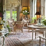 Alluring Lounge in French Country Inspired Homes with Wicker Chairs and Oak Tables on Brick Flooring
