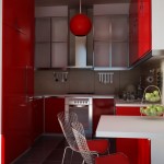 Appealing Red Cabinets and Stylish Counter in Small Modern Kitchen Design Ideas with Metal Chairs