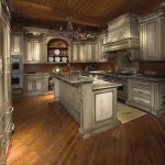 Artistic Carving on Old Fashioned Counter inside Tuscan Kitchen Design Ideas with Gorgeous Chandelier
