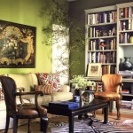 Artistic Oil Painting in Bohemian Apartment Decorating Ideas with Green Wall beside Cream Sofa and Wooden Armchairs