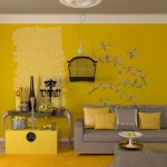Attractive Bird Wall Mural on Yellow Wall in Yellow Interior Design Ideas for Living Area with Grey Sofa