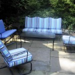 Attractive Blue Deck Furniture with Metal Table and Interesting Outdoor Chairs on Stone Flooring