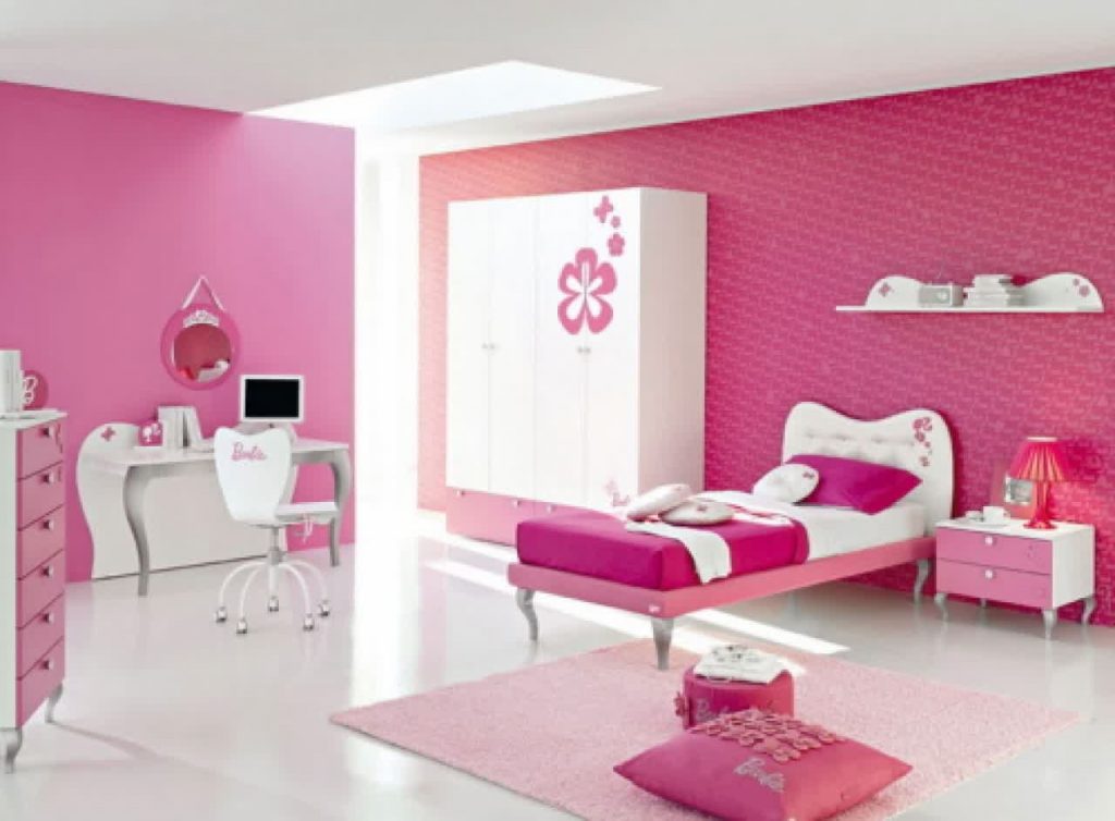 Attractive Pink Wall Used in Lovely Pink Bedroom Ideas for Girls with White Desk and Swivel Chair