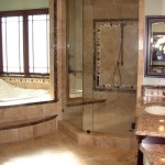 Attractive Wooden Vanity and Closed Glass Shower Space near Cozy Bathroom Corner Bath Ideas