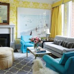Attractive Yellow Wallpaper Decorating Bright Living Room Color Ideas for Wide Living Area with Blue Sofas