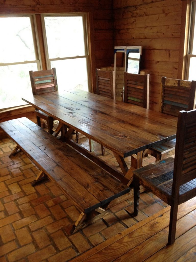 Awesome Brick Flooring under Rustic Dining Room Furniture with Long Oak Bench and Old Fashioned Chairs