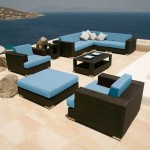 Beautiful Sea View beside Outdoor Patio with Wide Ottoman and Wicker Blue Deck Furniture