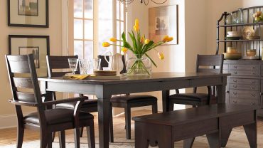 Beautiful Yellow Flower on Dark Table inside Traditional Dining Room Design Ideas with Oak Bench and Chairs