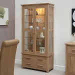 Bright Lighting inside Stunning Wooden Cabinet with Glass Doors and Rectangular Knobs on Grey Carpet Flooring