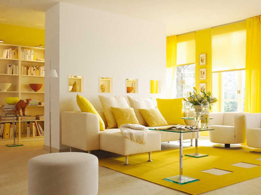 Bright Natural Light in Cozy Sitting Area with White Sofa Chaise for Yellow Interior Design Ideas