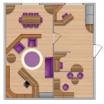 Brilliant Home Office Floor Plans with Purple Sofas near Comfortable Meeting Room on Laminated Flooring