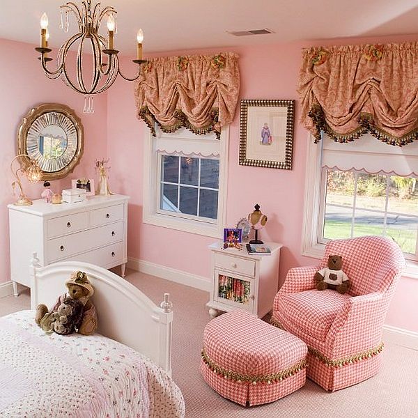 Classic Chandelier for Pink Bedroom Ideas for Girls with Pink Armsofa and Ottoman beside White Cabinet