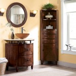 Classic Corner Bathroom Cabinet from Wood Material near Curve Vanity and Brown Glass Sink Bowl