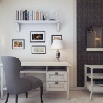 Classic Table Lamp on White Desk beside Grey Chair inside Small Workspace Designs with White Floating Bookshelf
