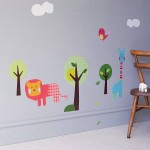 Clean Grey Painted Wall using Colorful Animal Wall Decal beside Oak Chair on White Flooring