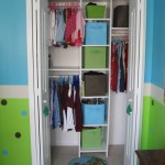 Colorful Boxes in White Shelves between Clothes Hangers inside Kids Closet Ideas for Small Bedrooms