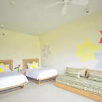 Colorful Flower Mural on Wide Wall for Comfortable Snooze Bedroom Suites with Two Fluffy Beds