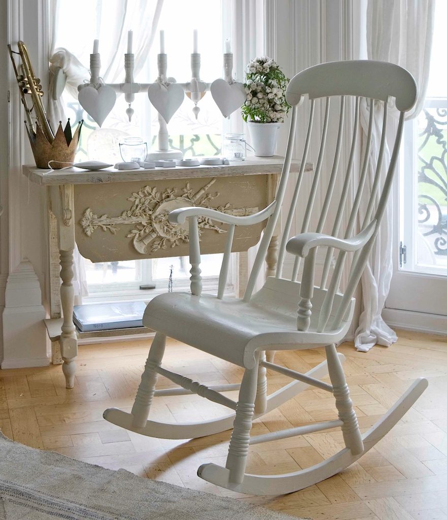 Comfortable Rocking Chair in White Color using Antique Wooden Chair Designs for Vintage Room