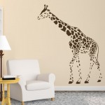 Comfortable White Armsofa and Round Side Table beside Animal Wall Decal in Giraffe Shape