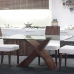 Contemporary Dining Table Ideas with Glass Top and Oak Leg Surrounded by Stylish Chairs