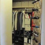 Creative Closet Ideas for Small Bedrooms with Grey Boxes and Clothes Hanger above Shoes Shelves
