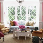 Cute Pink Wall for Eclectic Living Room Design Ideas in Vintage Area with Hexagon Table and Colorful Chairs