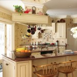 Enchanting Backsplash for French Country Inspired Homes Kitchen with White Bar Counter and Rustic Oak Stools