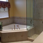 Enchanting Bathroom Corner Bath Ideas beside Closed Glass Shower Room in Simple Bathroom with Tile Wall