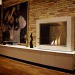 Extraordinary Exposed Brick Wall Detail and Contemporary Fireplace Design Ideas in Fabulous Sitting Area