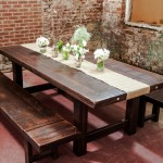 Extraordinary Exposed Brick Wall near Rustic Dining Room Furniture with Unique Oak Table and Long Benchec