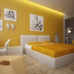 Fabulous Bedroom using Yellow Interior Design Ideas with White Bed and Yellow Bedding beside White Nightstand