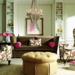 Fabulous Chandelier above Eclectic Living Room Design Ideas with Brown Sofa and Interesting Round Tufted Ottoman